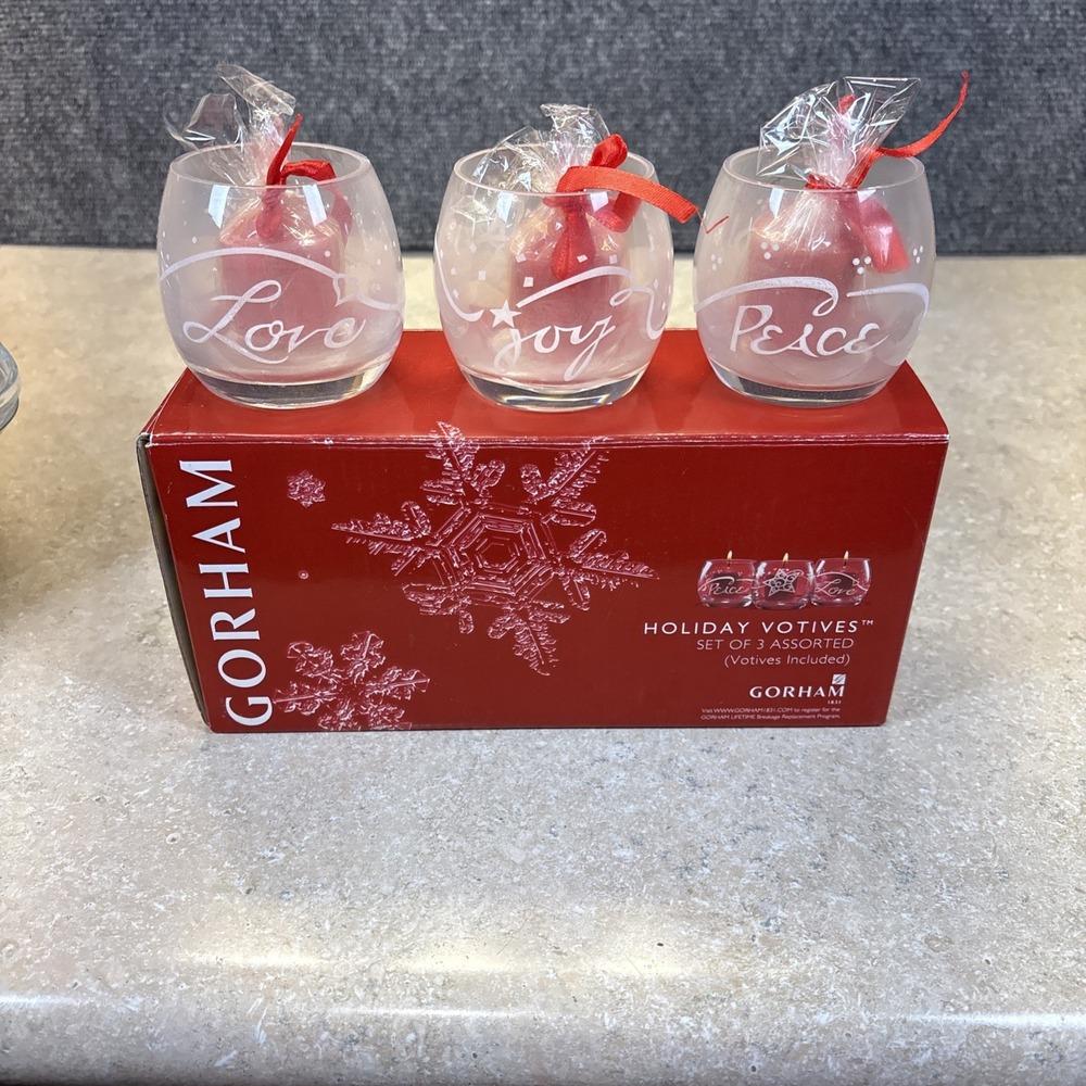 Gorham Crystal‎ Holiday Votives Set of 3 Assorted Peace Love Joy~IOB